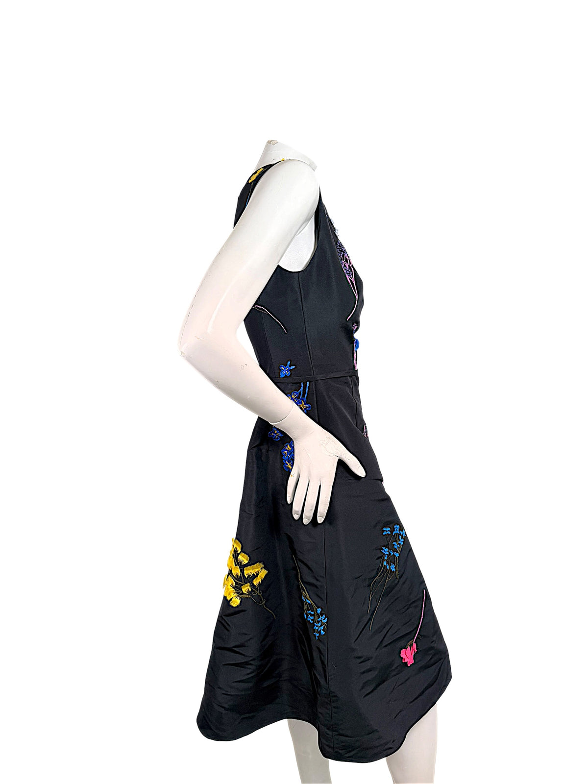 Carolina Herrera black silk floral embroidered A-line dress side view
