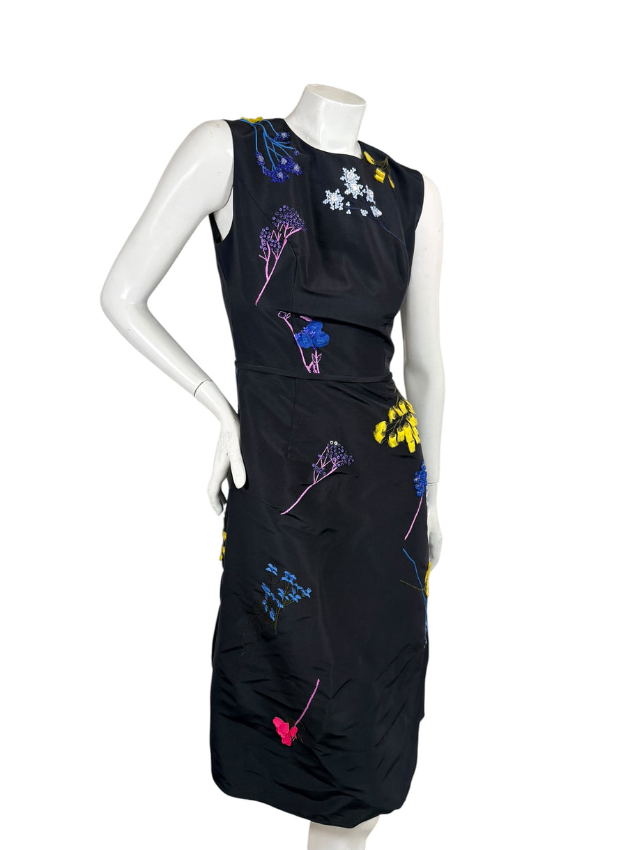 Carolina Herrera black silk multicolor floral embroidered dress size 2 angled front view