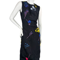 Carolina Herrera black silk multicolor floral embroidered dress size 2 angled front view