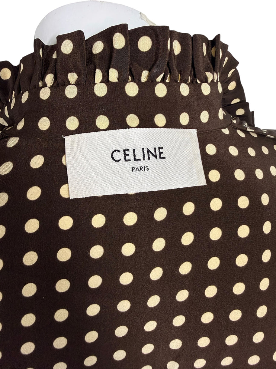 Close-up of original Celine Paris designer label inside Fall Winter 2020 brown and cream polka dot silk runway dress.
