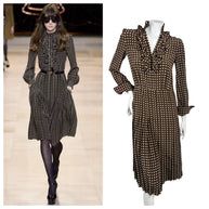 Side-by-side comparison of Celine Fall 2020 runway Look 15 and the brown cream polka dot silk dress offered by Refined Concierge Consignment.