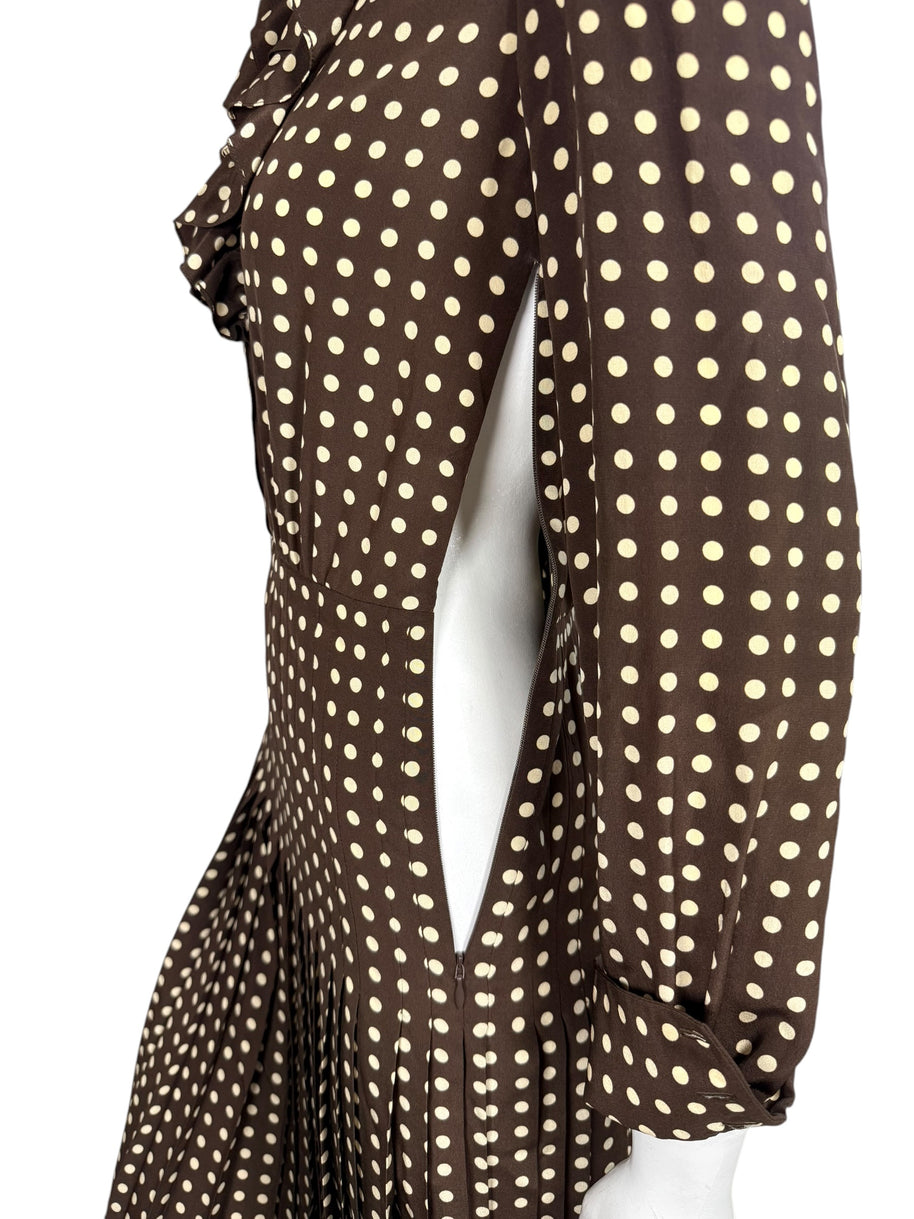 Celine Fall 2020 runway brown and cream polka dot silk dress showing concealed side zipper, fitted waist seam and long sleeve detail.