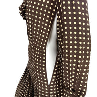 Celine Fall 2020 runway brown and cream polka dot silk dress showing concealed side zipper, fitted waist seam and long sleeve detail.