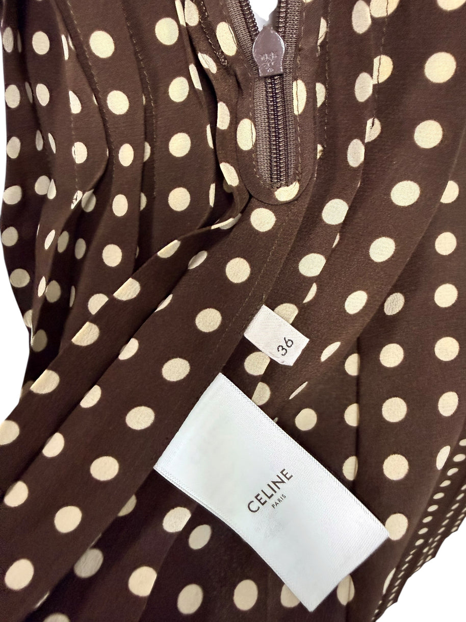 Celine Paris original garment label and French size 36 tag beside concealed zipper on Fall 2020 polka dot silk midi dress.