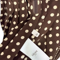 Celine Paris original garment label and French size 36 tag beside concealed zipper on Fall 2020 polka dot silk midi dress.