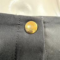 Detailed close-up of Celine Paris gold-tone Triomphe emblem button on black cotton fabric, showing engraved designer branding.