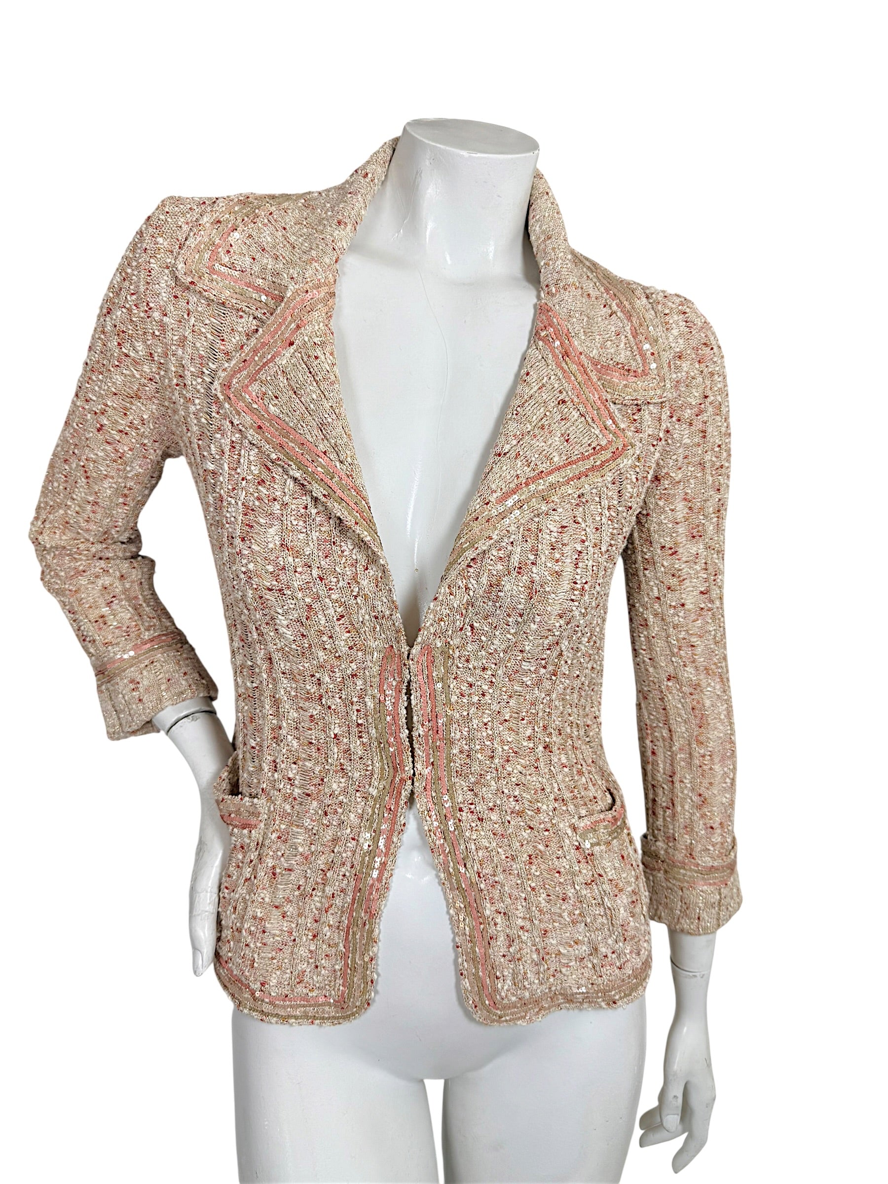 Vintage Chanel 06P textured beige and pink knit cardigan jacket front view with belt removed