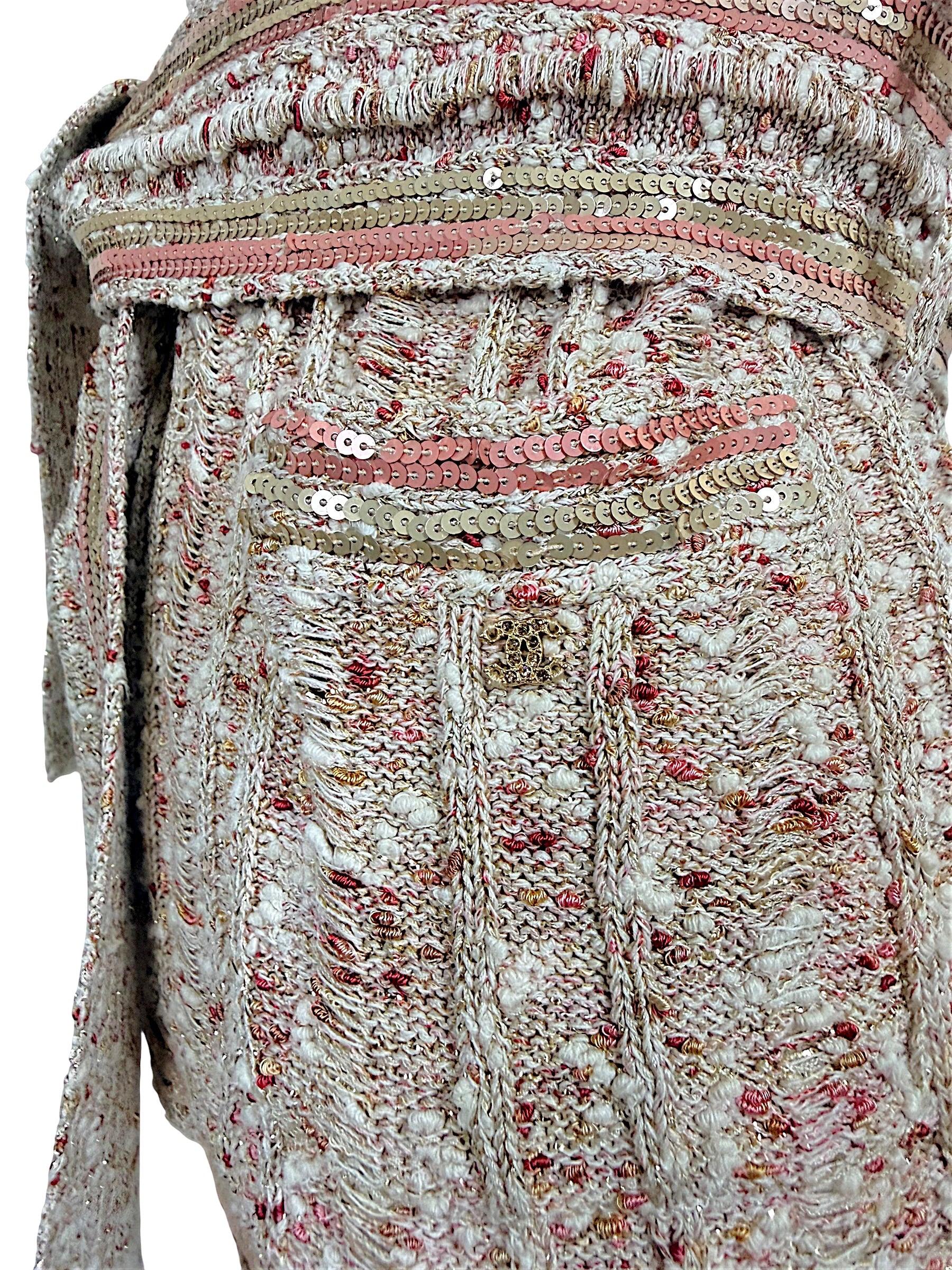 Chanel Spring 2006 knit cardigan close-up showing pink gold sequin trim and gold-tone CC pocket charm