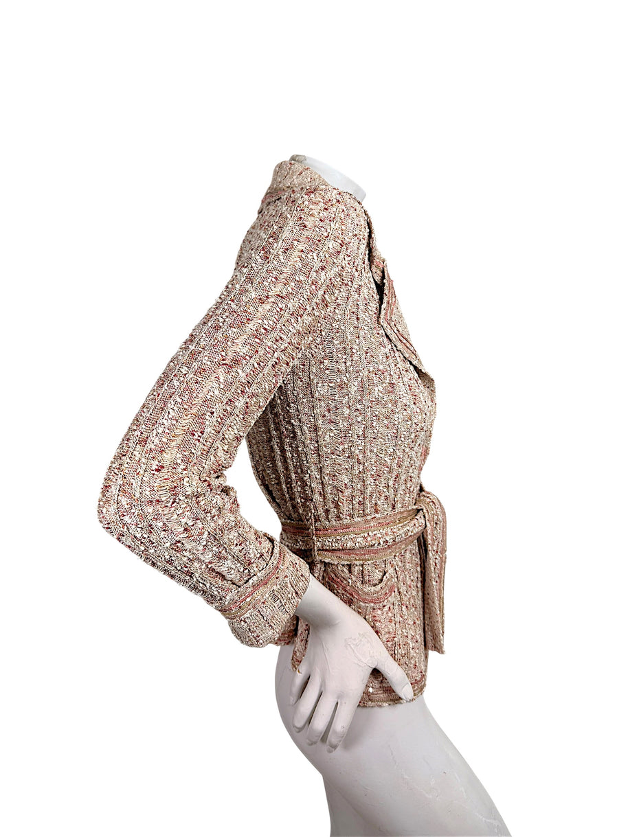 Vintage Chanel 06P beige and blush pink embellished knit cardigan jacket side profile