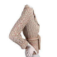 Vintage Chanel 06P beige and blush pink embellished knit cardigan jacket side profile
