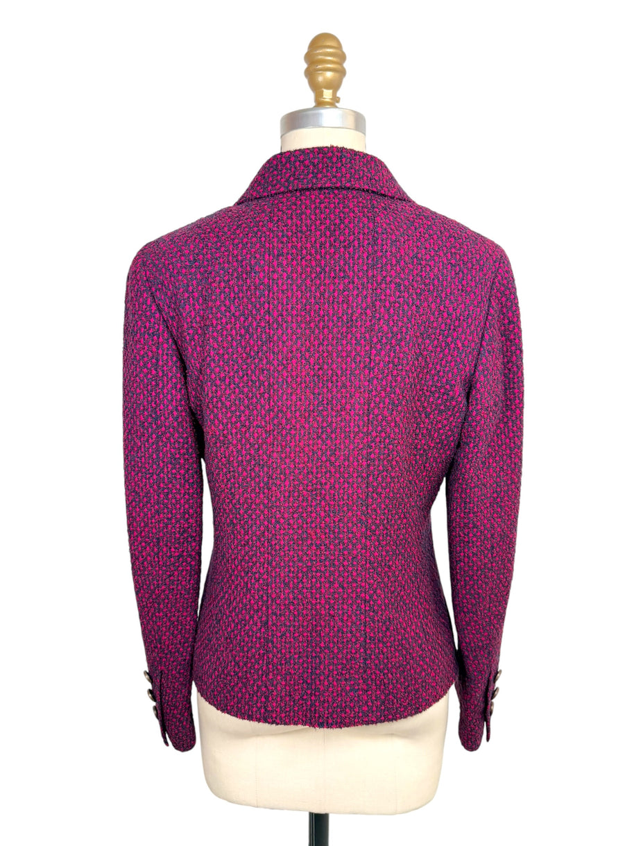Back view of vintage Chanel 1998 fuchsia and navy tweed jacket with fitted silhouette