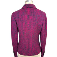 Back view of vintage Chanel 1998 fuchsia and navy tweed jacket with fitted silhouette