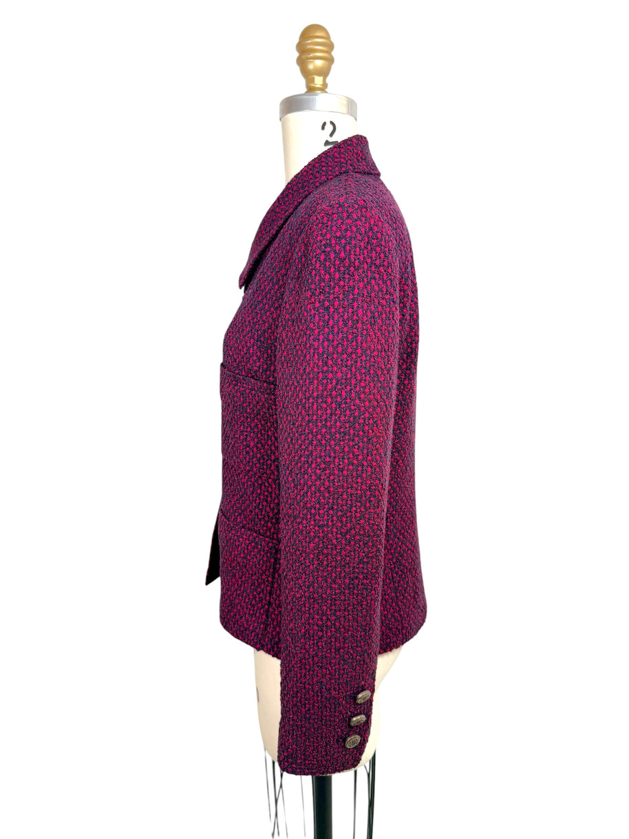 Side back profile of Chanel 1998 tweed jacket highlighting textured weave and tailored construction