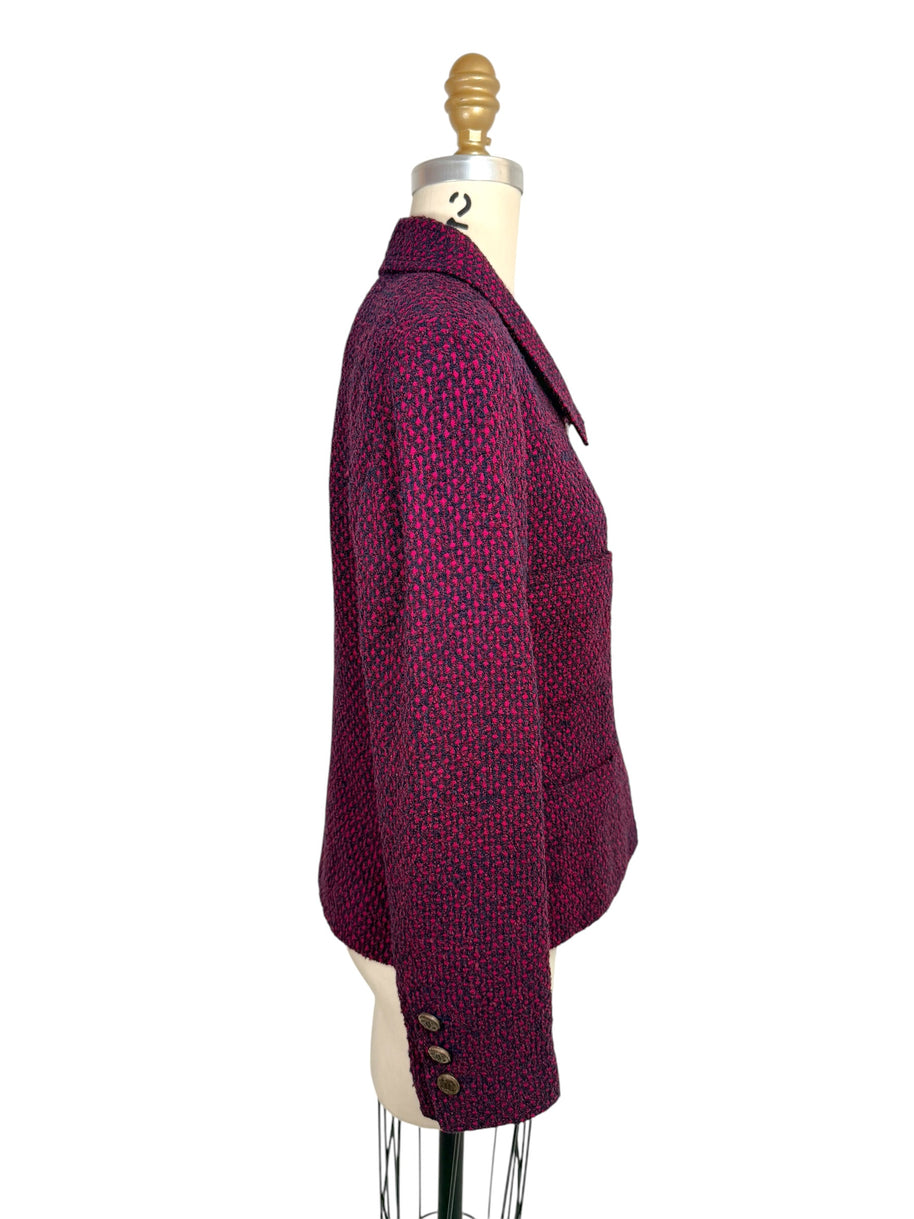 Side profile view of Chanel 1998 tweed jacket showing tailored silhouette and cuff CC buttons