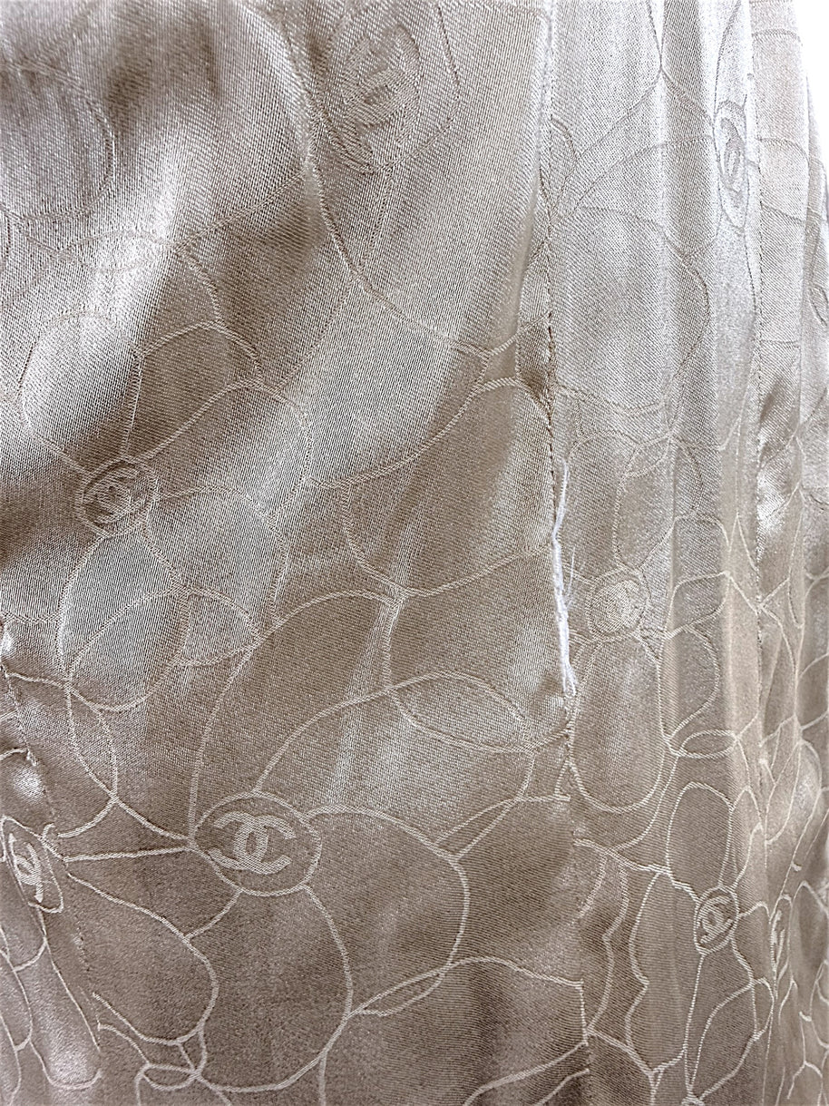 Close-up detail of Chanel silk camellia jacquard lining inside authentic 2004 Lesage tweed jacket