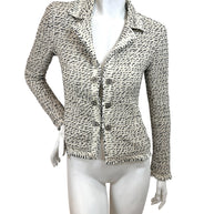 Authentic Chanel 2004 Lesage tweed fringe jacket in ivory cream and black with fitted silhouette and logo buttons front view