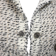 Detailed view of Chanel silver-tone logo buttons and fringe trim on ivory black Lesage tweed jacket from 2004