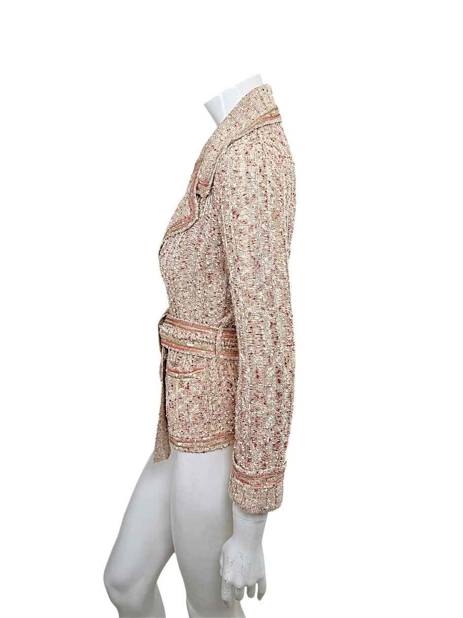Vintage Chanel 2006 textured metallic knit cardigan jacket side profile showing long sleeve and sequin trim
