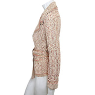 Vintage Chanel 2006 textured metallic knit cardigan jacket side profile showing long sleeve and sequin trim