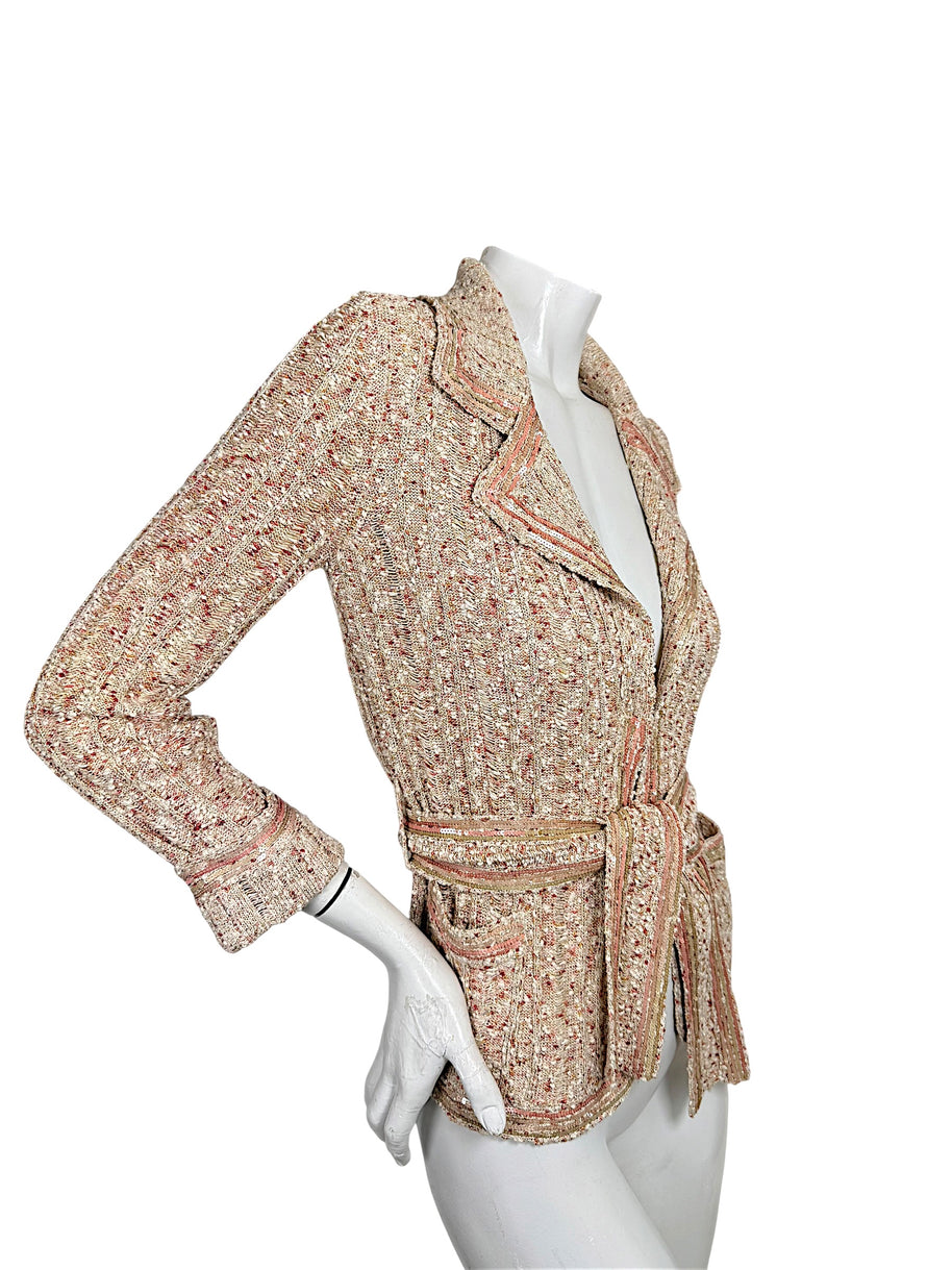 Chanel 2006 textured sequin knit cardigan side view showing notched lapel, patch pocket and self-tie belt
