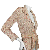 Chanel 2006 textured sequin knit cardigan side view showing notched lapel, patch pocket and self-tie belt