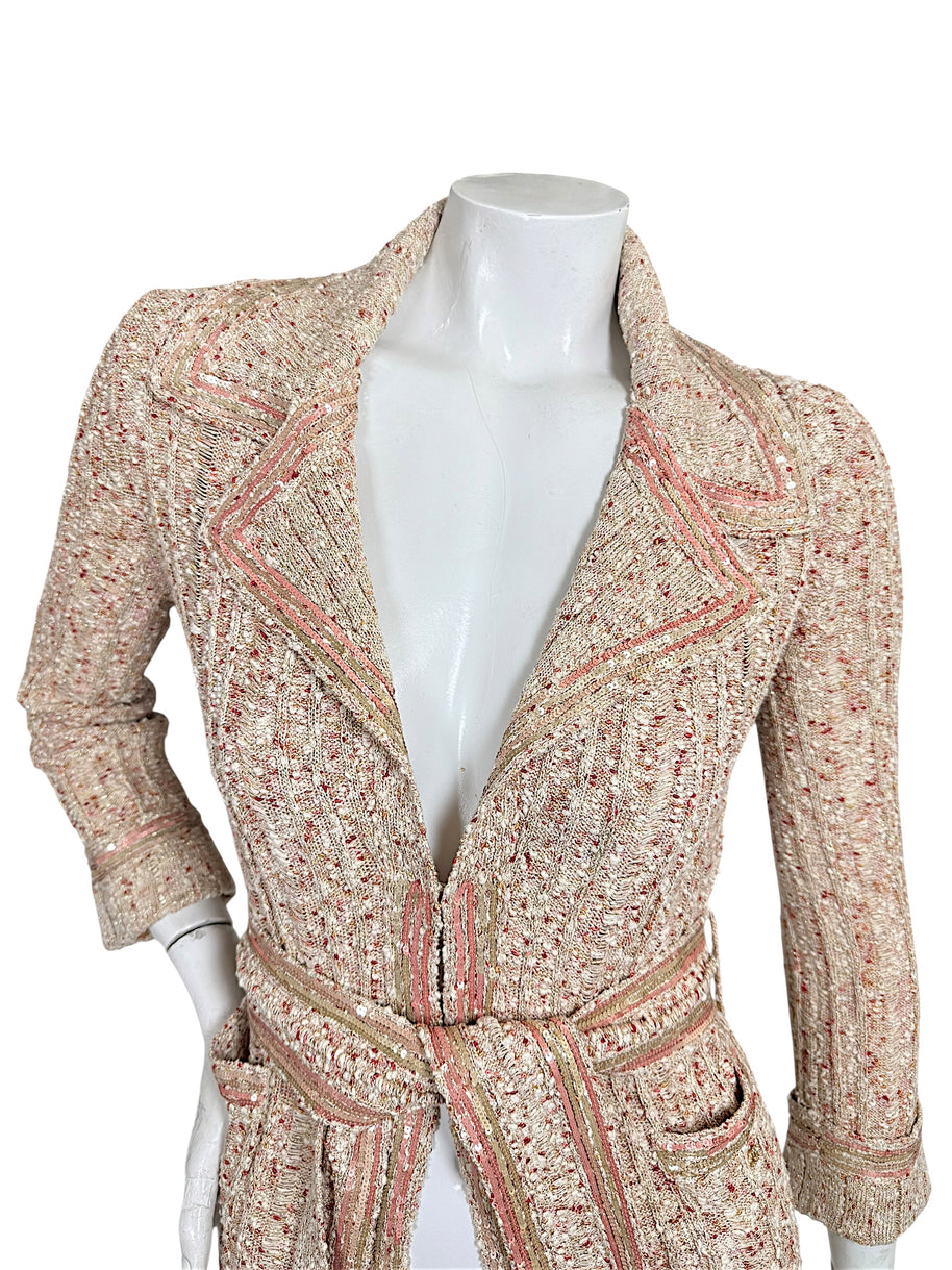 Chanel Spring 2006 sequin knit cardigan jacket with pink and gold embellished notched lapels and tie belt