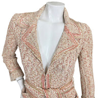 Chanel Spring 2006 sequin knit cardigan jacket with pink and gold embellished notched lapels and tie belt