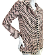Angled front view Chanel Pre-Fall 2016 runway jacket Look 36 pink black textured tweed with boucle trim