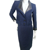 Chanel Spring 2016 blue tweed skirt suit with leather trim front full view jacket and skirt set