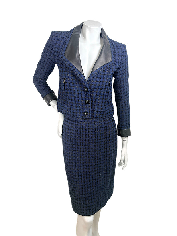 Chanel Spring 2016 blue tweed skirt suit with leather trim front full view jacket and skirt set