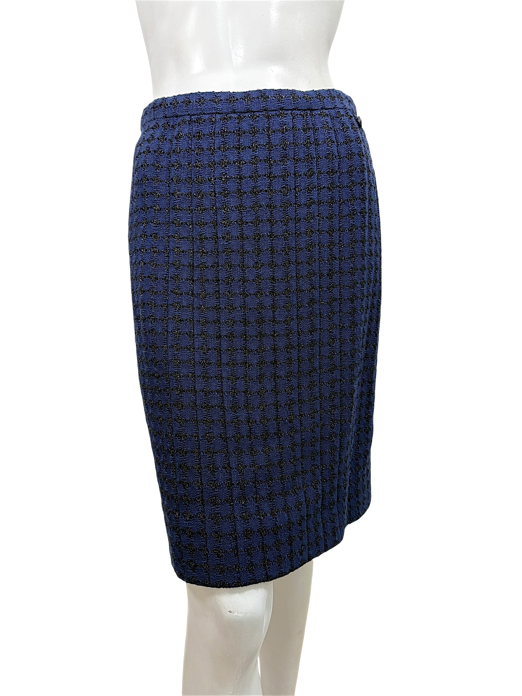 Chanel 2016 blue tweed skirt front view with subtle A-line tailoring