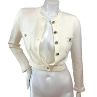 Chanel 2019 ivory cropped knit cardigan jacket with gold logo buttons front view