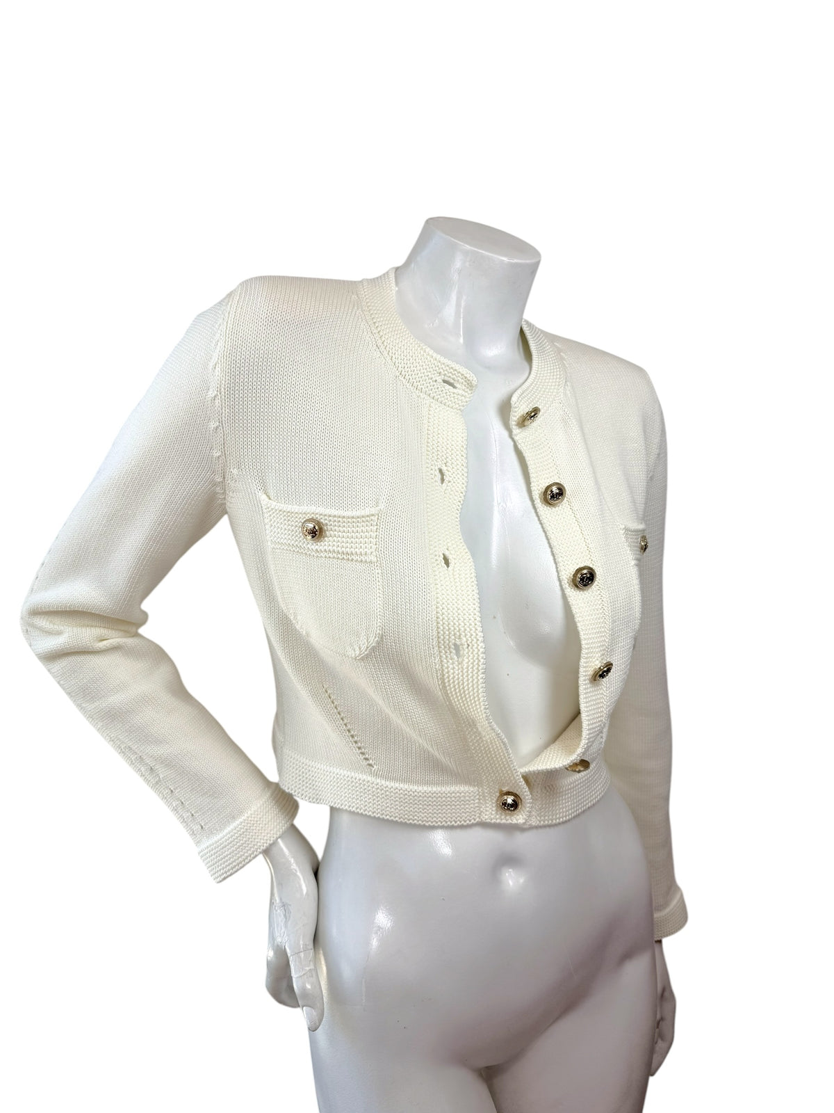 Chanel 2019 ivory knit cardigan jacket FR34 front angled view