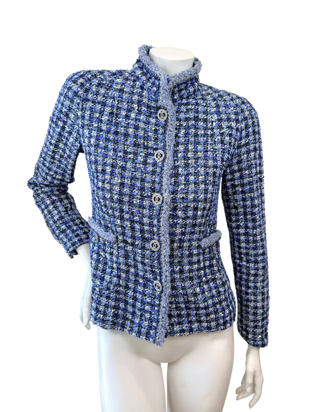 Chanel Spring 2020 20P blue multicolor tweed jacket size 34 front view