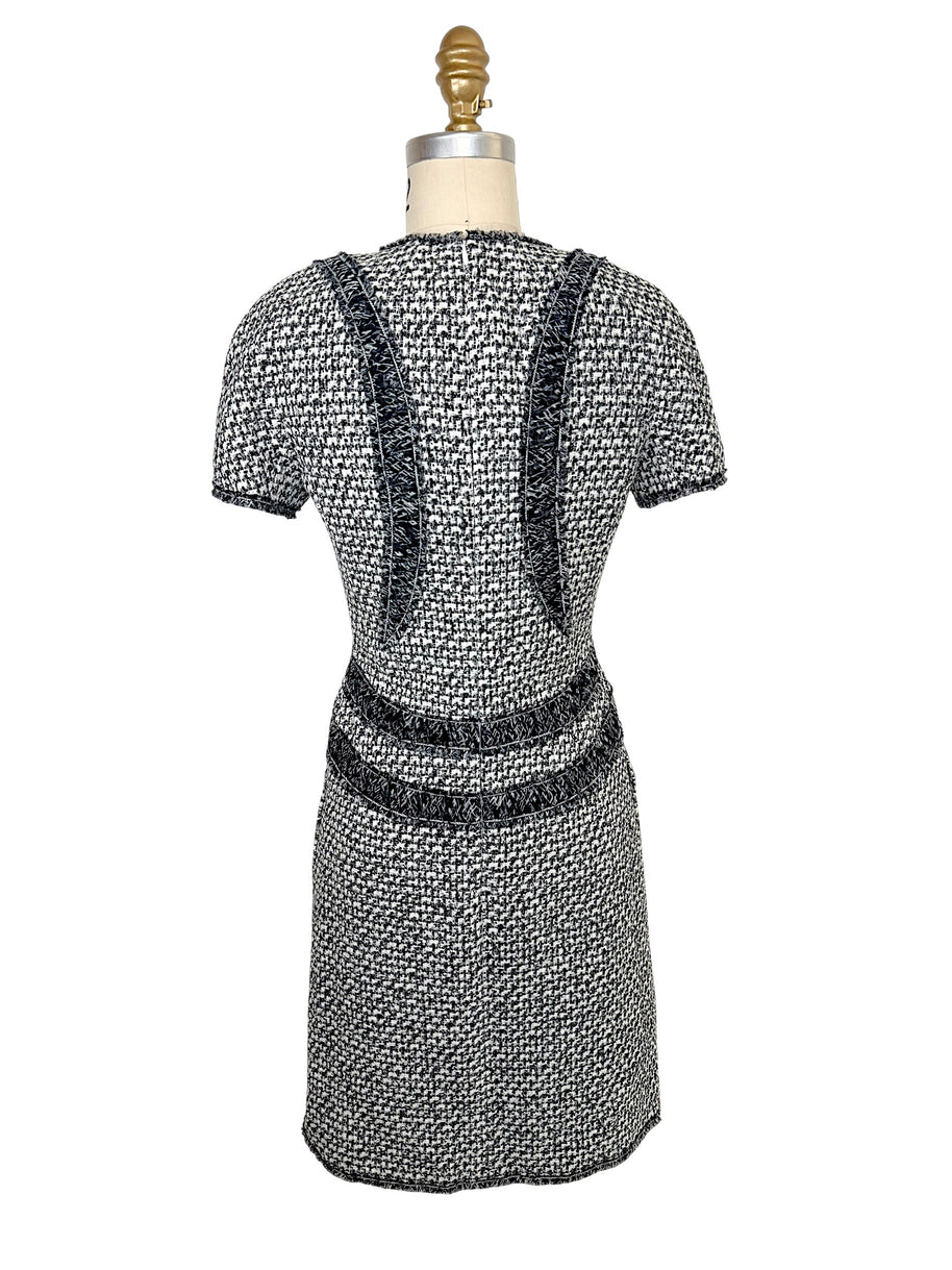 Full back view of Chanel black and white tweed mini dress
