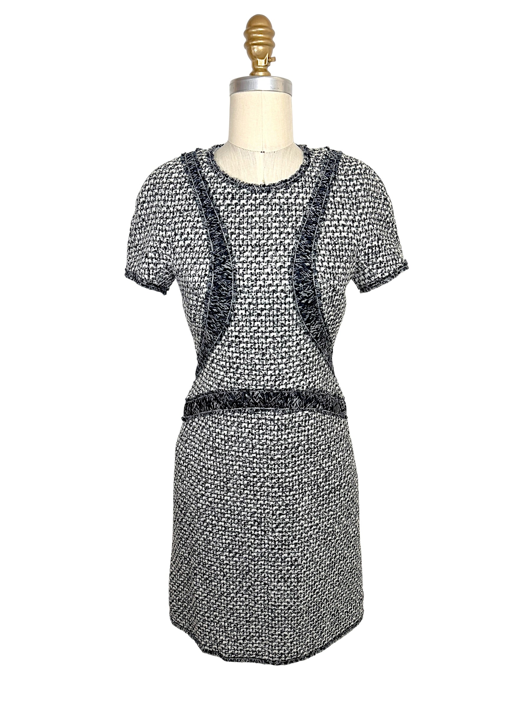 Chanel black and white tweed mini dress front full view with silk ribbon trim