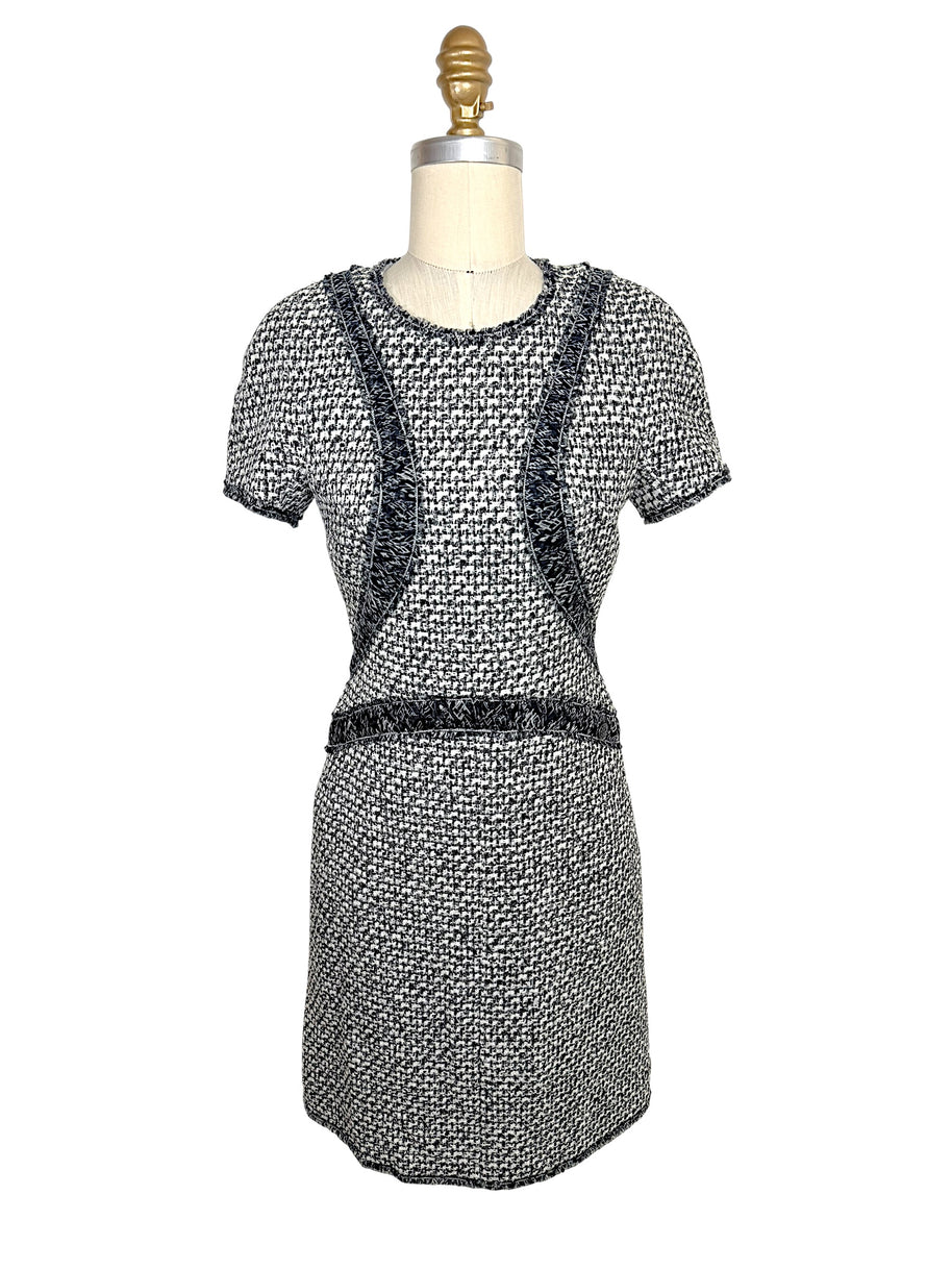 Chanel black and white tweed mini dress front full view with silk ribbon trim