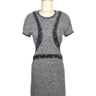 Chanel black and white tweed mini dress front full view with silk ribbon trim