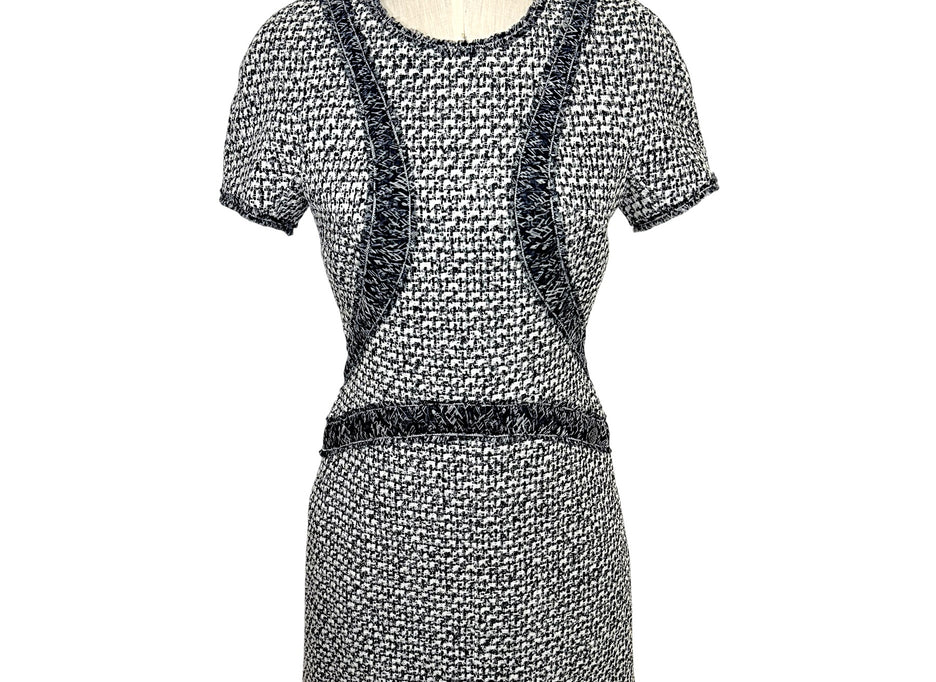 Chanel black and white tweed mini dress front full view with silk ribbon trim