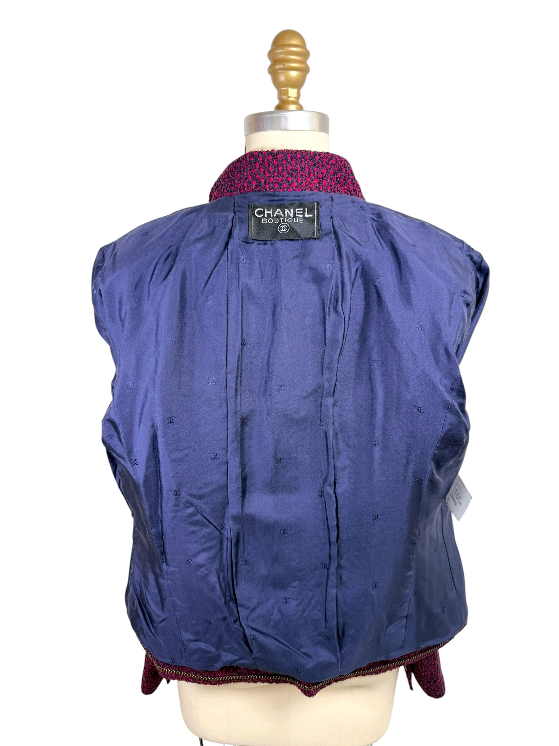 Interior view of Chanel Boutique 1998 jacket with navy silk CC monogram lining