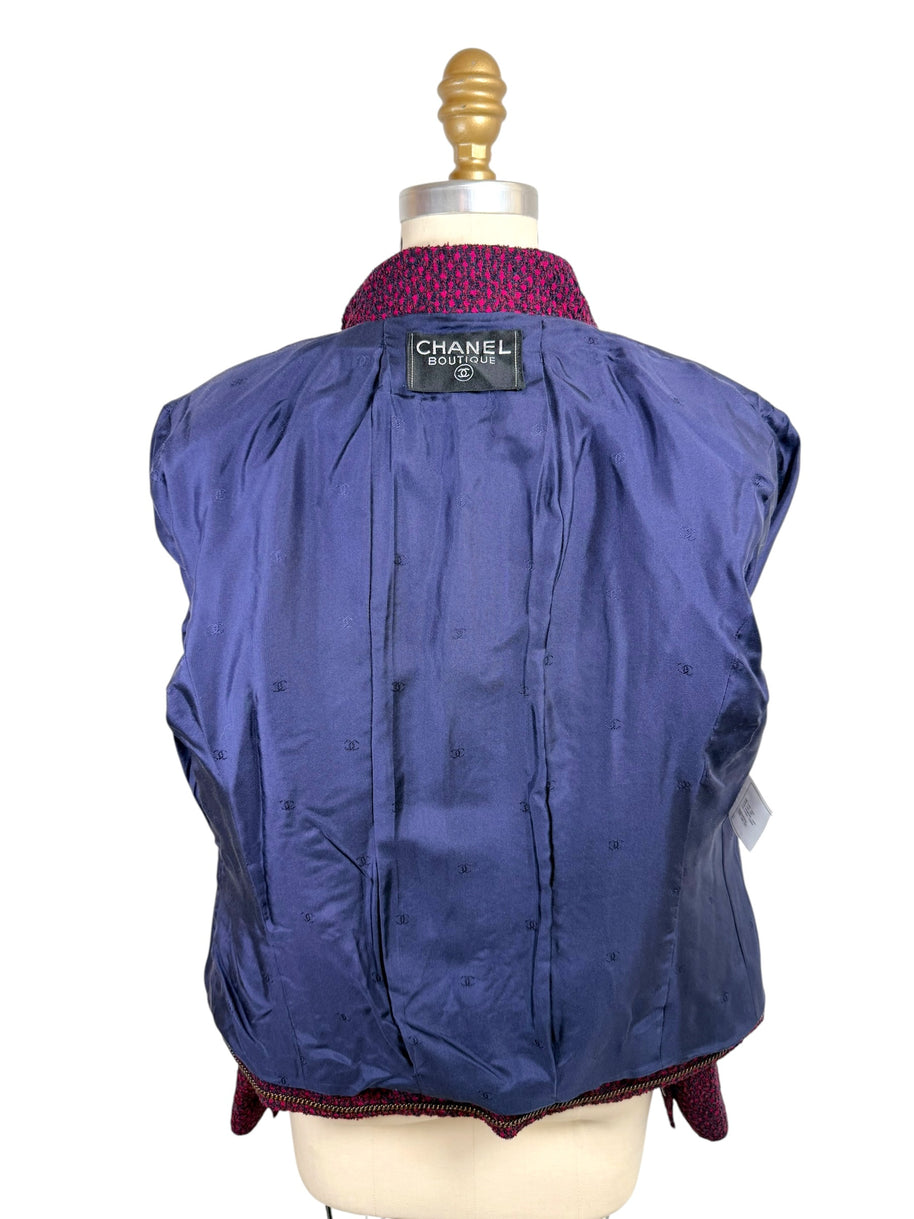 Interior view of Chanel Boutique 1998 jacket with navy silk CC monogram lining