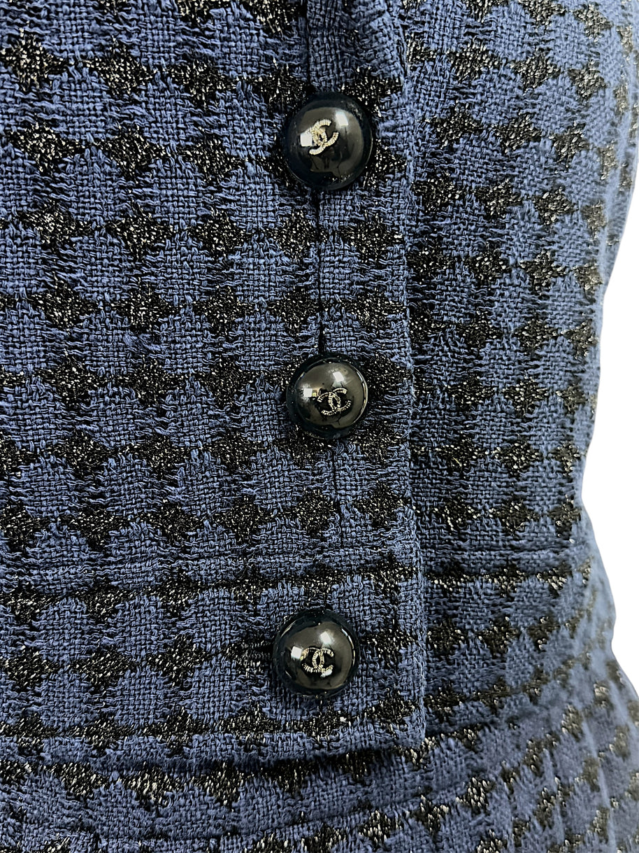 Chanel CC logo buttons detail on blue and black tweed jacket Spring 2016