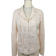 Authentic Chanel Cruise 2004 ivory fantasy tweed zip-front jacket with pink windowpane accents, metallic woven threads, frayed trim and notched collar, front view.