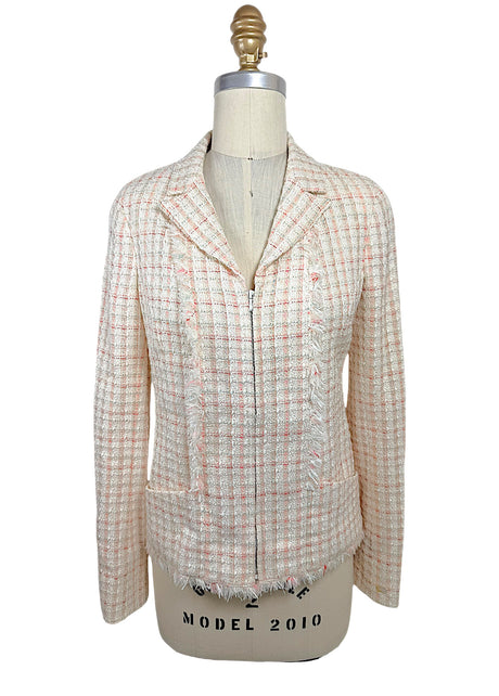 Authentic Chanel Cruise 2004 ivory fantasy tweed zip-front jacket with pink windowpane accents, metallic woven threads, frayed trim and notched collar, front view.