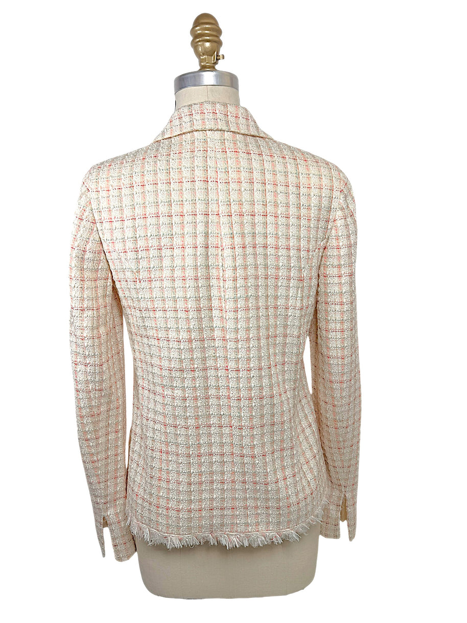 Back view of Chanel Cruise 2004 ivory fantasy tweed jacket featuring classic tailoring, subtle pink windowpane pattern and frayed hem.