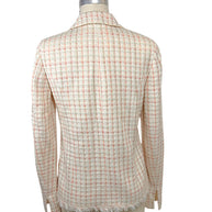 Back view of Chanel Cruise 2004 ivory fantasy tweed jacket featuring classic tailoring, subtle pink windowpane pattern and frayed hem.