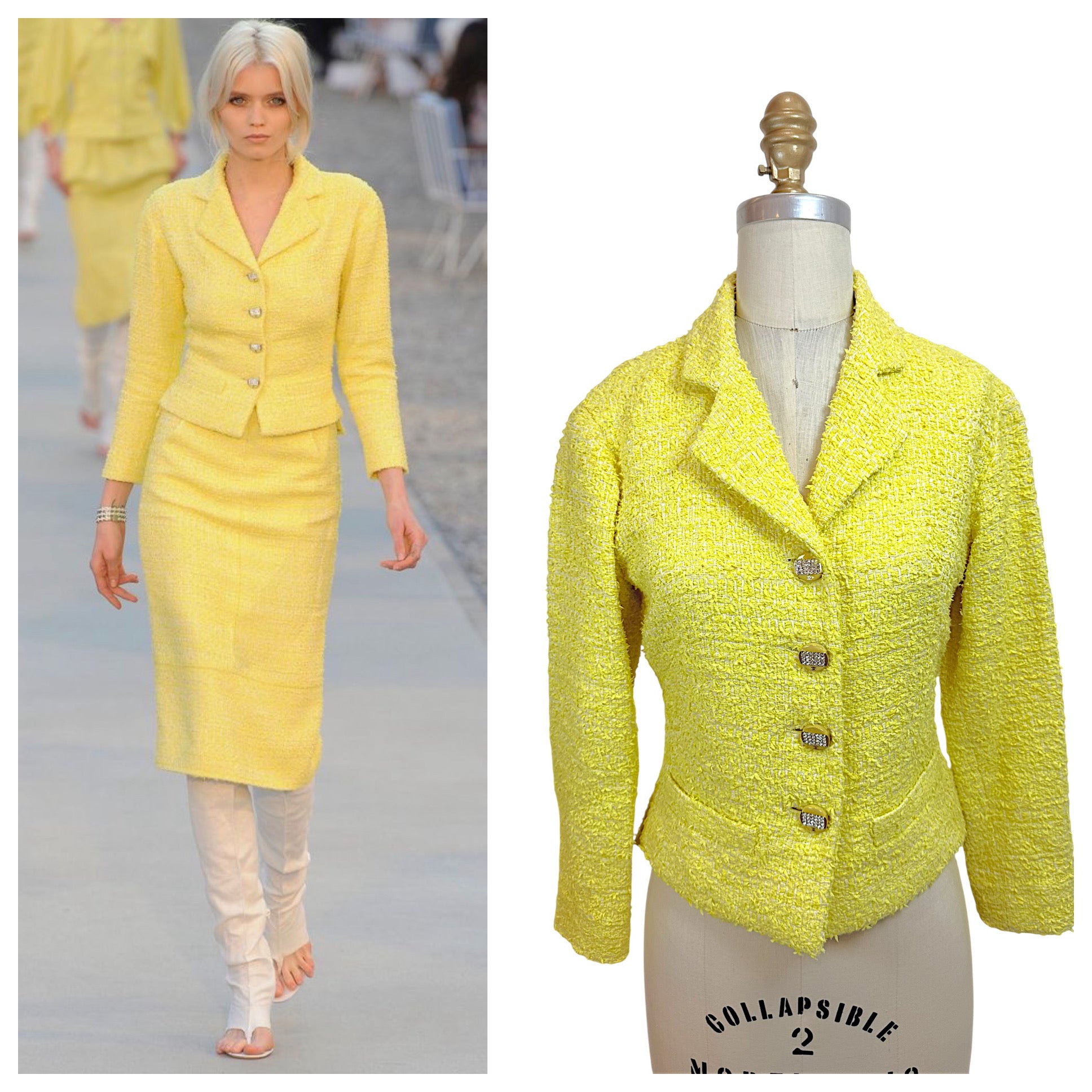 Side-by-side comparison of Chanel Cruise 2012 runway Look 1 and authentic yellow bouclé tweed jacket from the collection