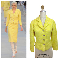 Side-by-side comparison of Chanel Cruise 2012 runway Look 1 and authentic yellow bouclé tweed jacket from the collection