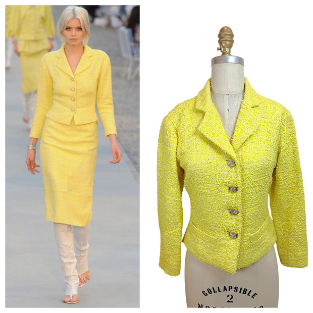 Side-by-side comparison of Chanel Cruise 2012 runway Look 1 and authentic yellow bouclé tweed jacket from the collection