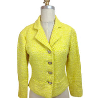 Authentic Chanel Cruise 2012 runway Look 1 yellow bouclé tweed jacket front view with crystal CC buttons and tailored silhouette by Karl Lagerfeld